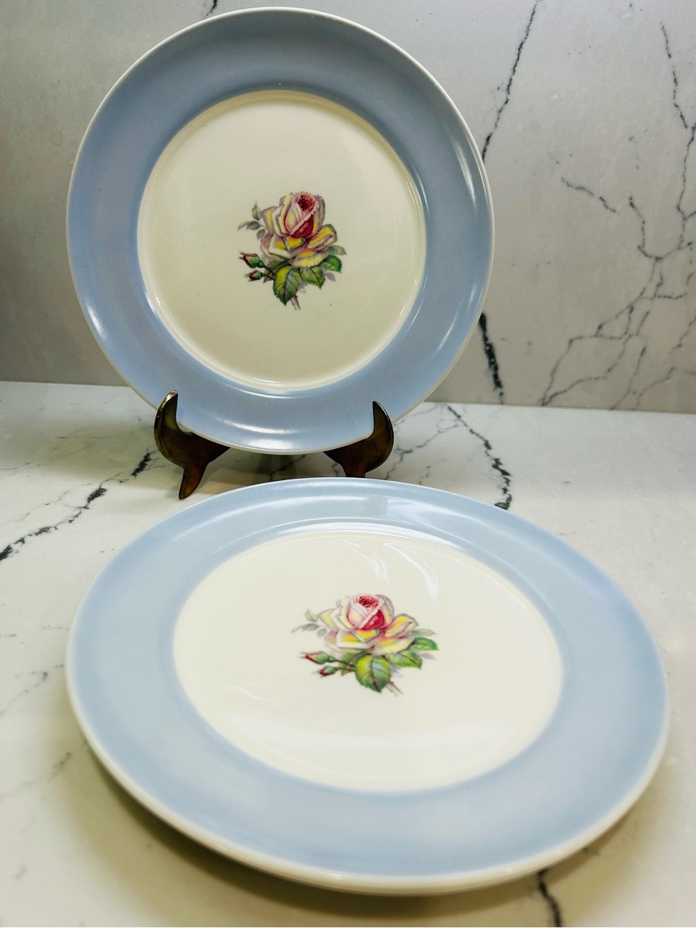 SET OF THREE Vintage Limoges Light Blue Rim Floral Dessert Plate